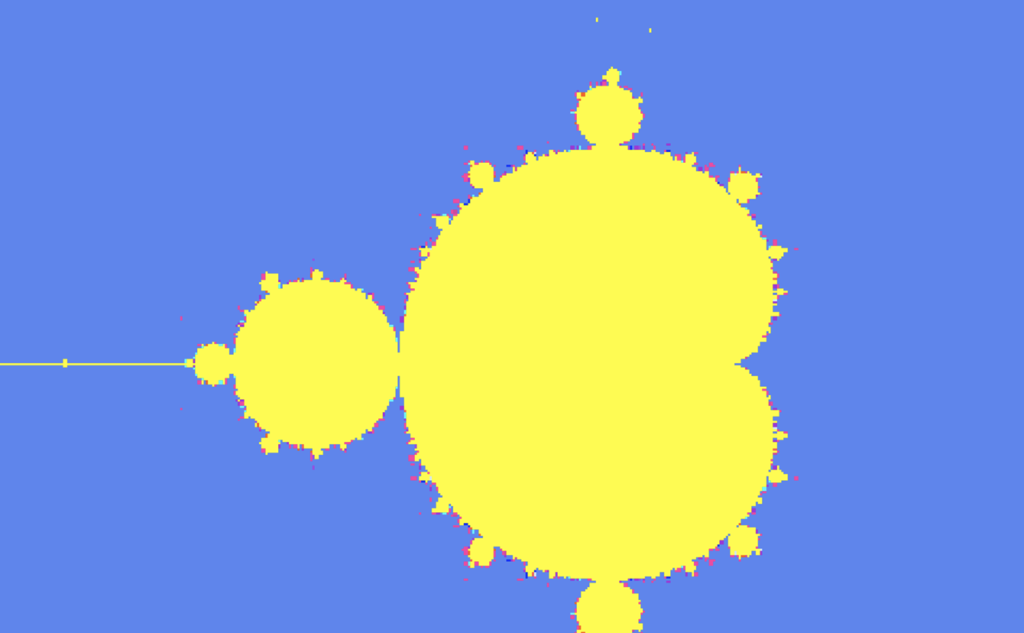 A yellow and blue image of the Madelbrot Set Fractal